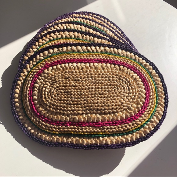 Vintage Set of 6 Multicolour Braided Woven Straw Oval Place Mats Boho - Picture 1 of 6